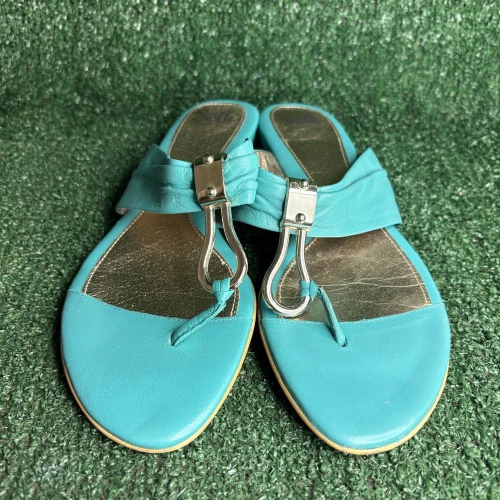 Sofft Leather‎ Hardware Low Wedge Slip On Thong Sandals Turquoise Womens Size 10
